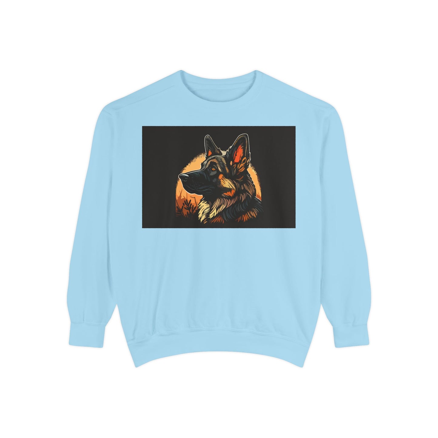 Unisex Dog Lover Sweatshirt With a Close Up Graphic of a German Shepherd In Front of Moon