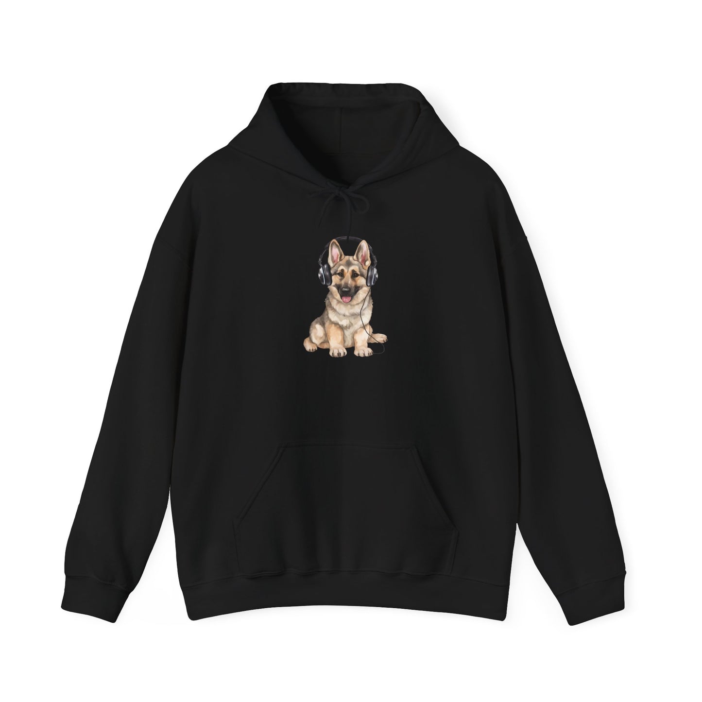 Unisex Dog Lover Hoodie With a German Shepherd Wearing Headphones Enjoying Music