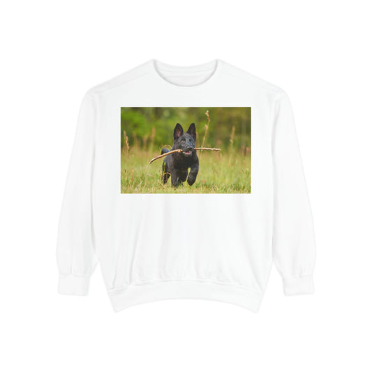 Unisex Dog Lover Sweatshirt With Black German Shepherd Puppy Running on the Grass Holding a Stick in the Mouth