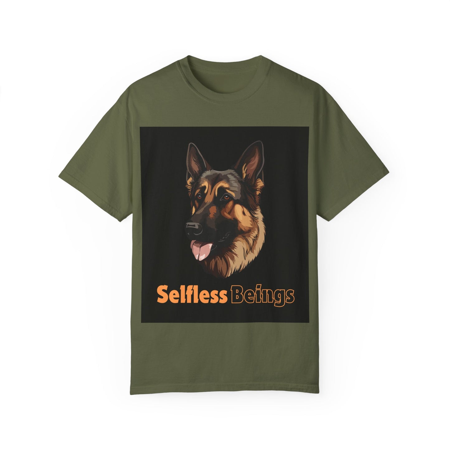 Unisex Dog Lover T-Shirt With Close Up Graphic of German Shepherd and Caption Selfless Beings is Written with Text Effect in Light Orange