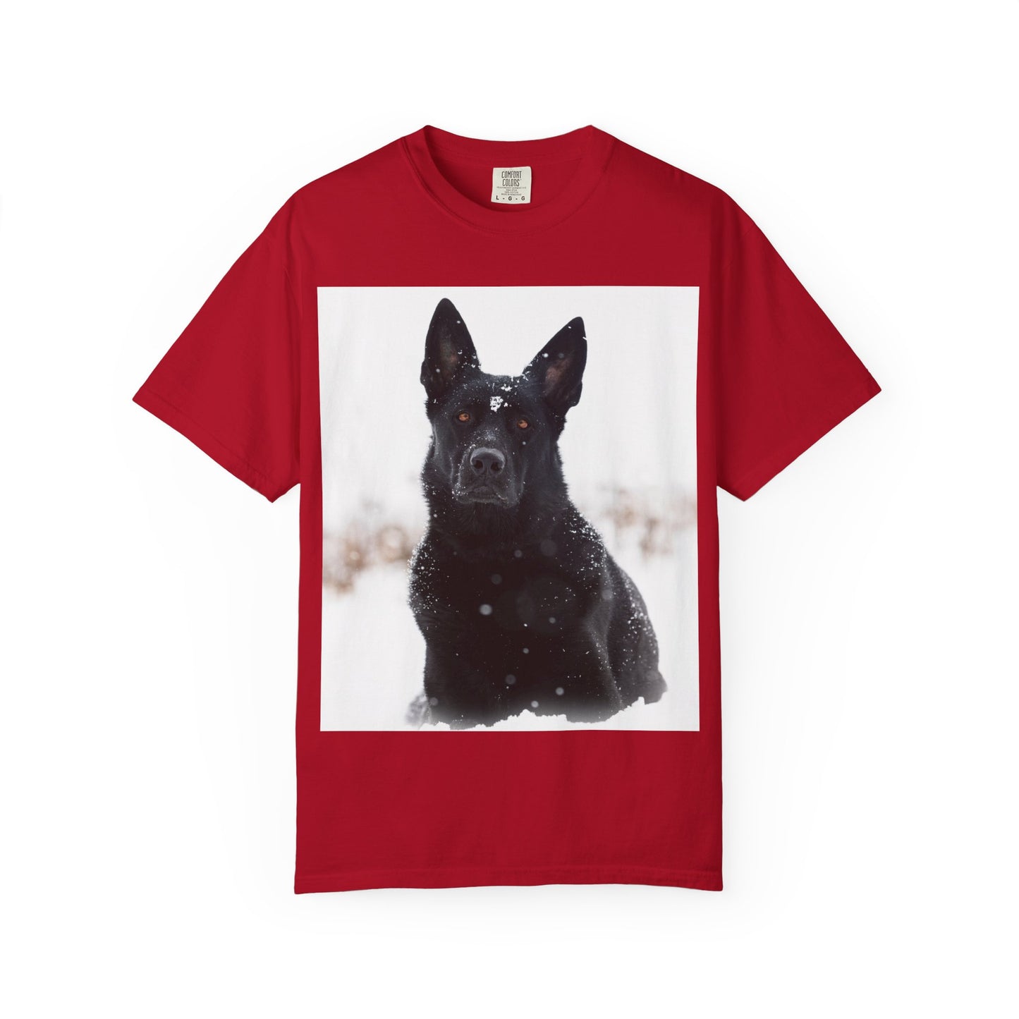 Unisex Dog Lover T-Shirt Featuring a Giant Black Working Line German Shepherd in the Snow