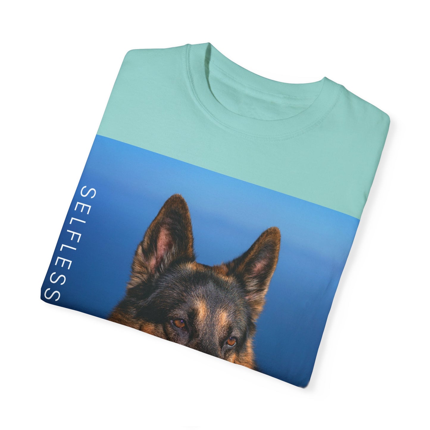 Unisex Dog Lover T-Shirt With Close Up of German Shepherd, Blue Sea in the Background and Caption Selfless Beings