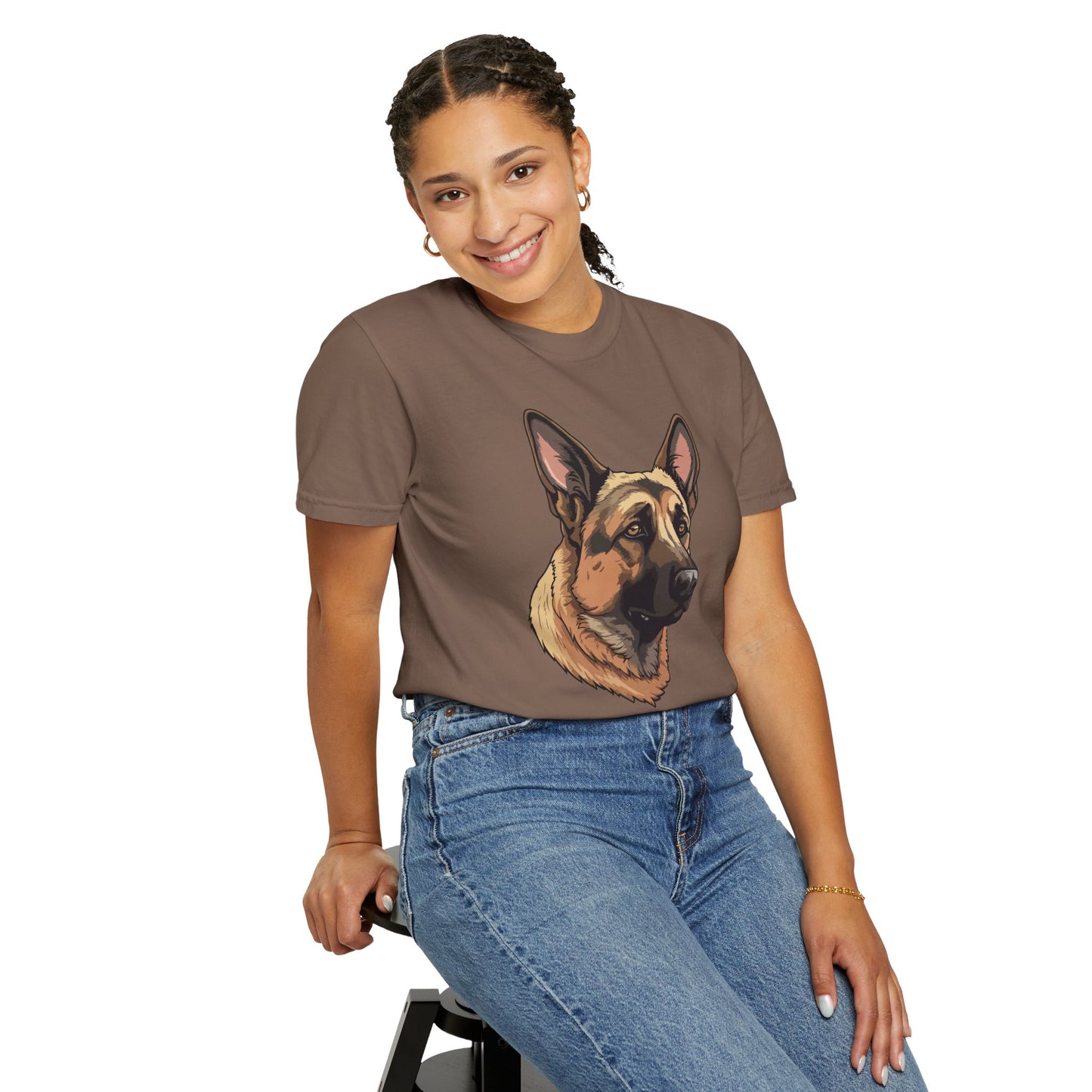 Unisex Dog Lover T-Shirt With a Close Up Graphic of Serious German Shepherd