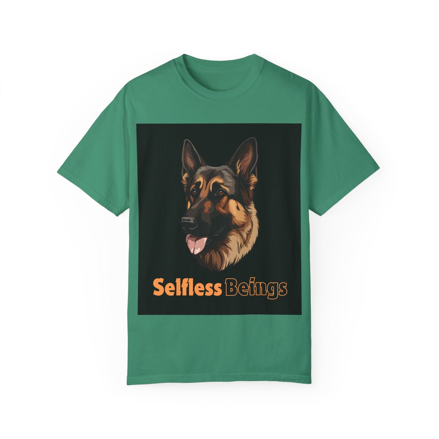 Unisex Dog Lover T-Shirt With Close Up Graphic of German Shepherd and Caption Selfless Beings is Written with Text Effect in Light Orange