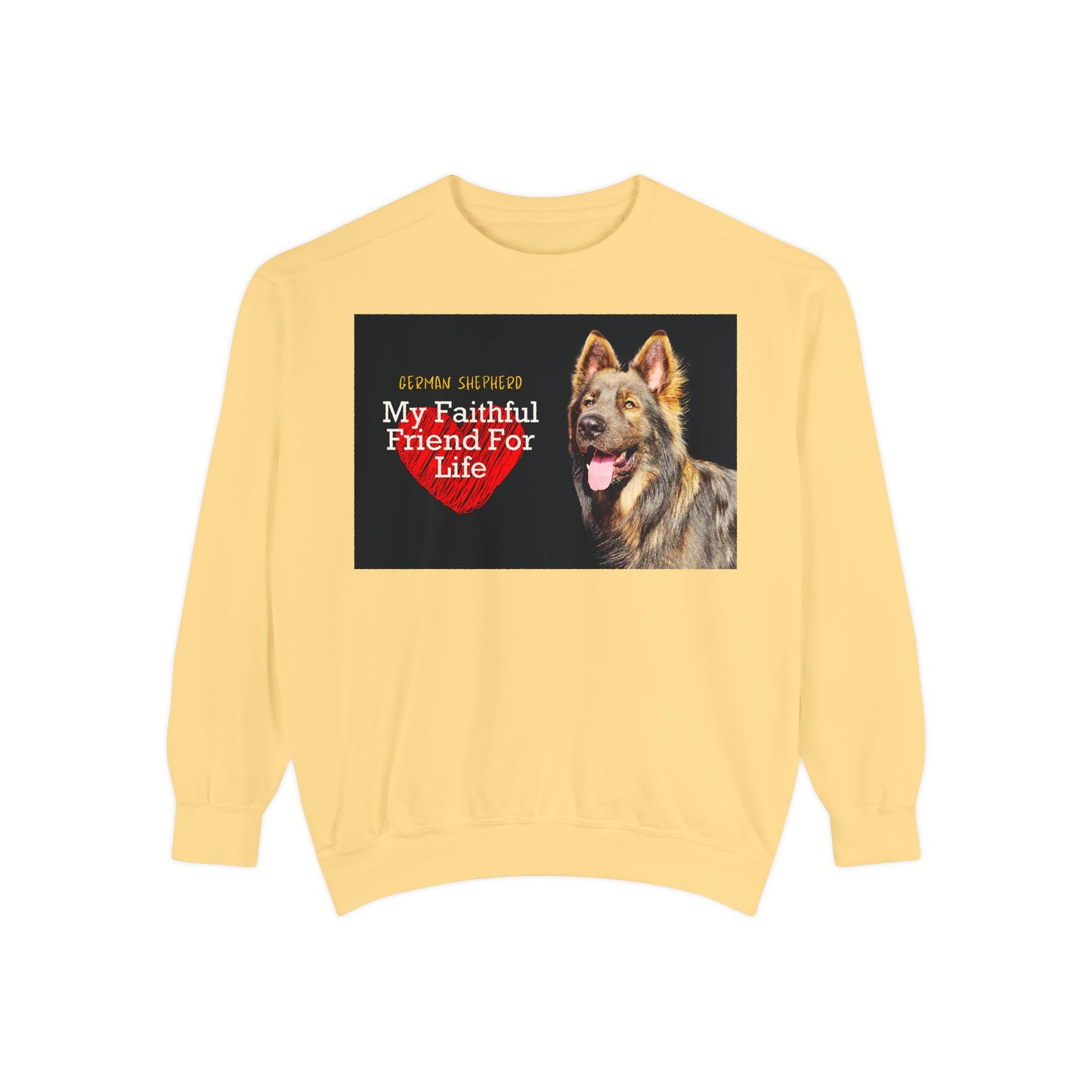 Unisex Dog Lover Sweatshirt With a Giant Old-Fashioned German Shepherd and Caption Faithful Friend on Top of Red Heart