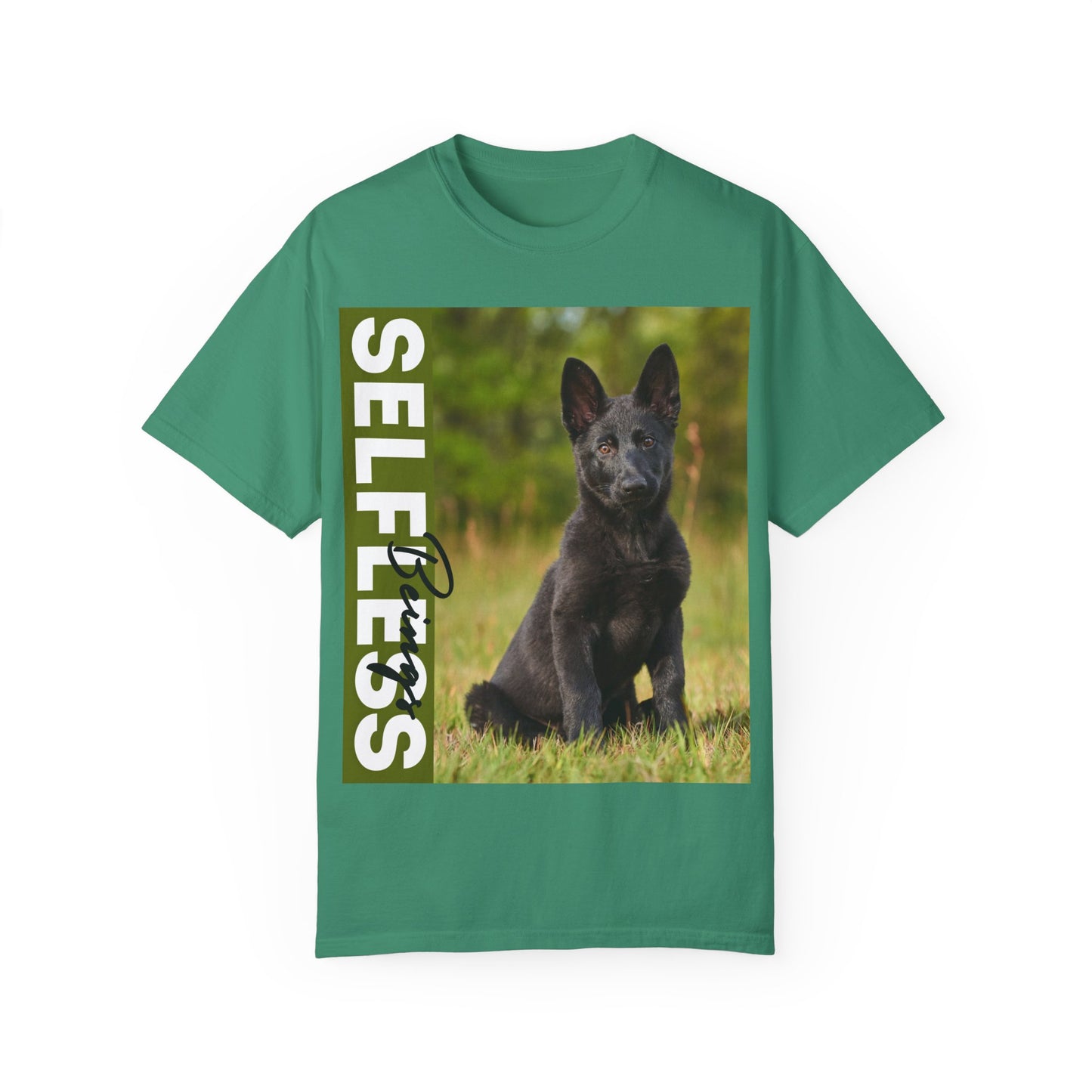 Unisex Dog Lover T-Shirt With Solid Black German Shepherd Puppy Sloppily Sitting on the Green Pasture and Caption Selfless Beings