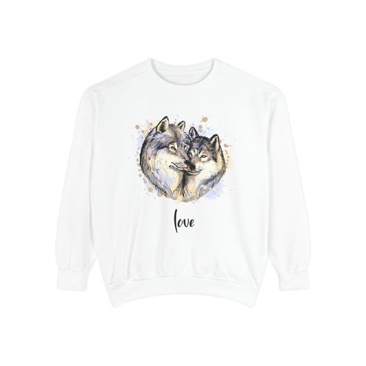Unisex Valentine's Day Sweatshirt With a Male and Female Grey Wolves Together and Caption Love