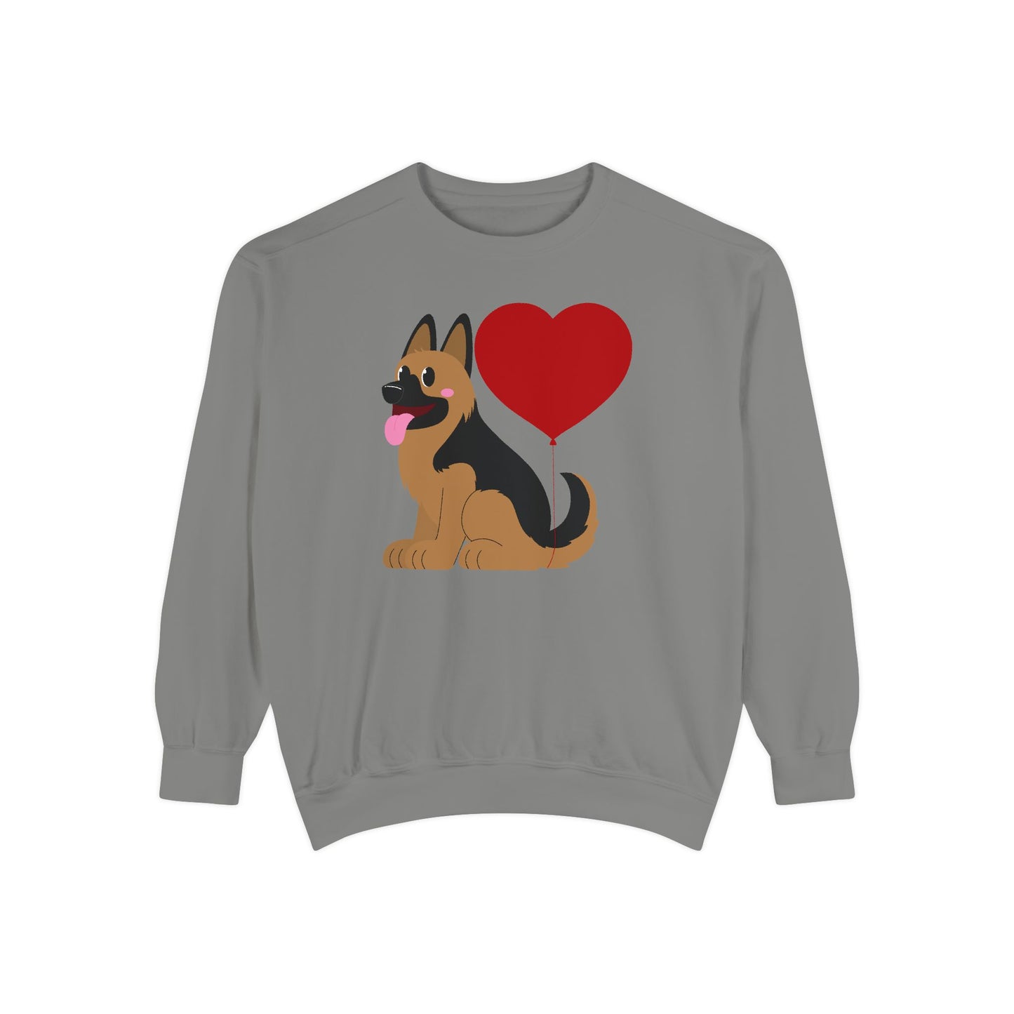 Unisex Dog Lover Sweatshirt With a Graphic of German Shepherd Puppy and Heart Shaped Balloon Attached With Tail