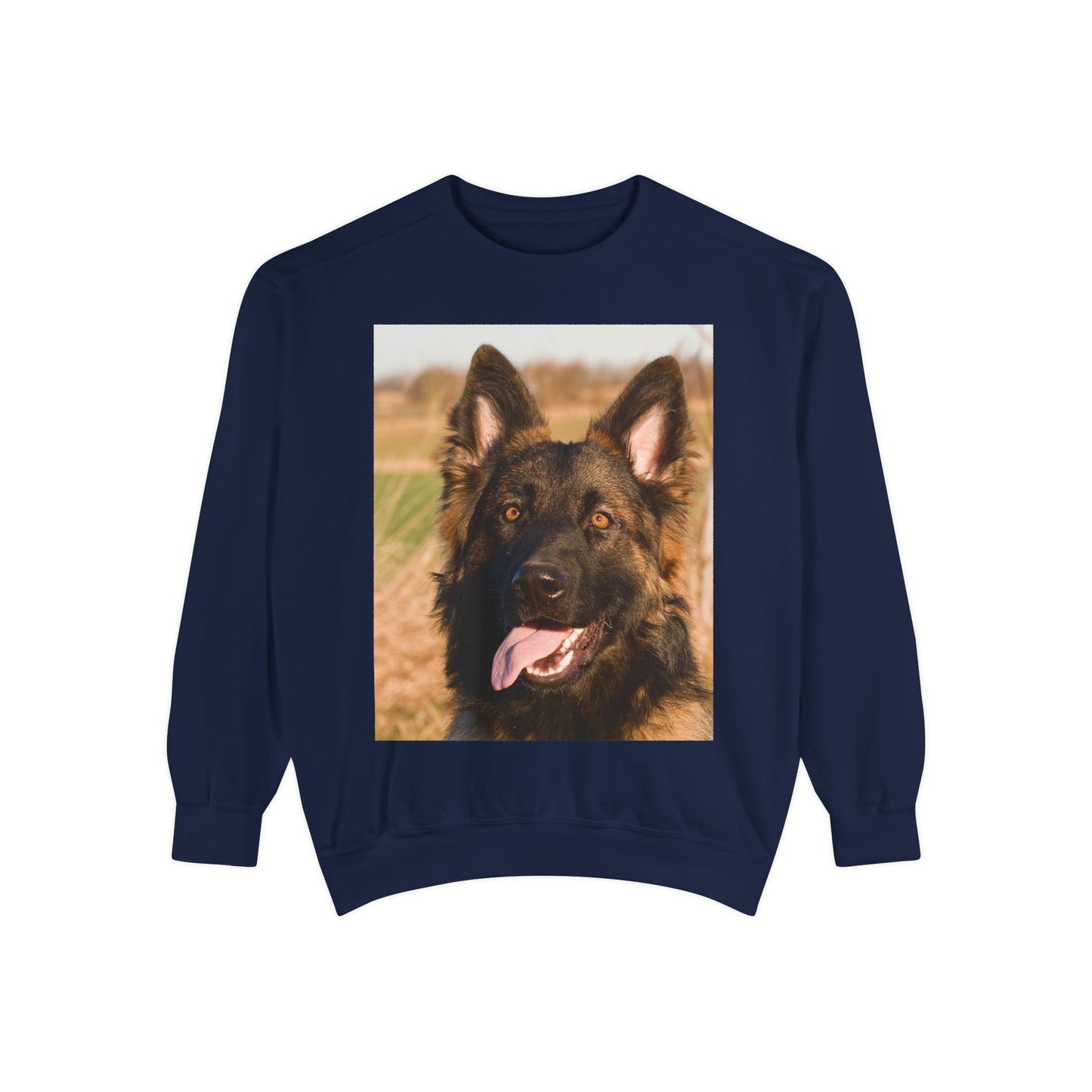 Unisex Dog Lover Sweatshirt With Close Up of Long Coat German Shepherd Sticking Tongue Out
