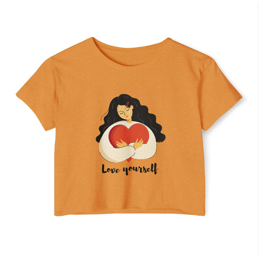 Love Yourself Festival Vibes Crop Top - Girl Holding a Big Heart, Summer Fashion, Boho Style, Women’s Casual Wear, Gift for Her