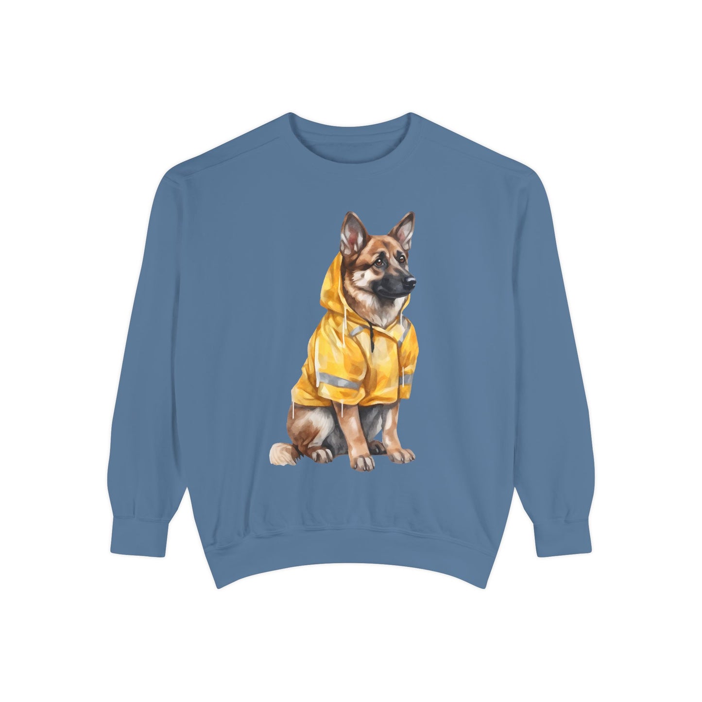 Unisex Dog Lover Sweatshirt With a Graphic of German Shepherd Wearing a Yellow Rain Coat