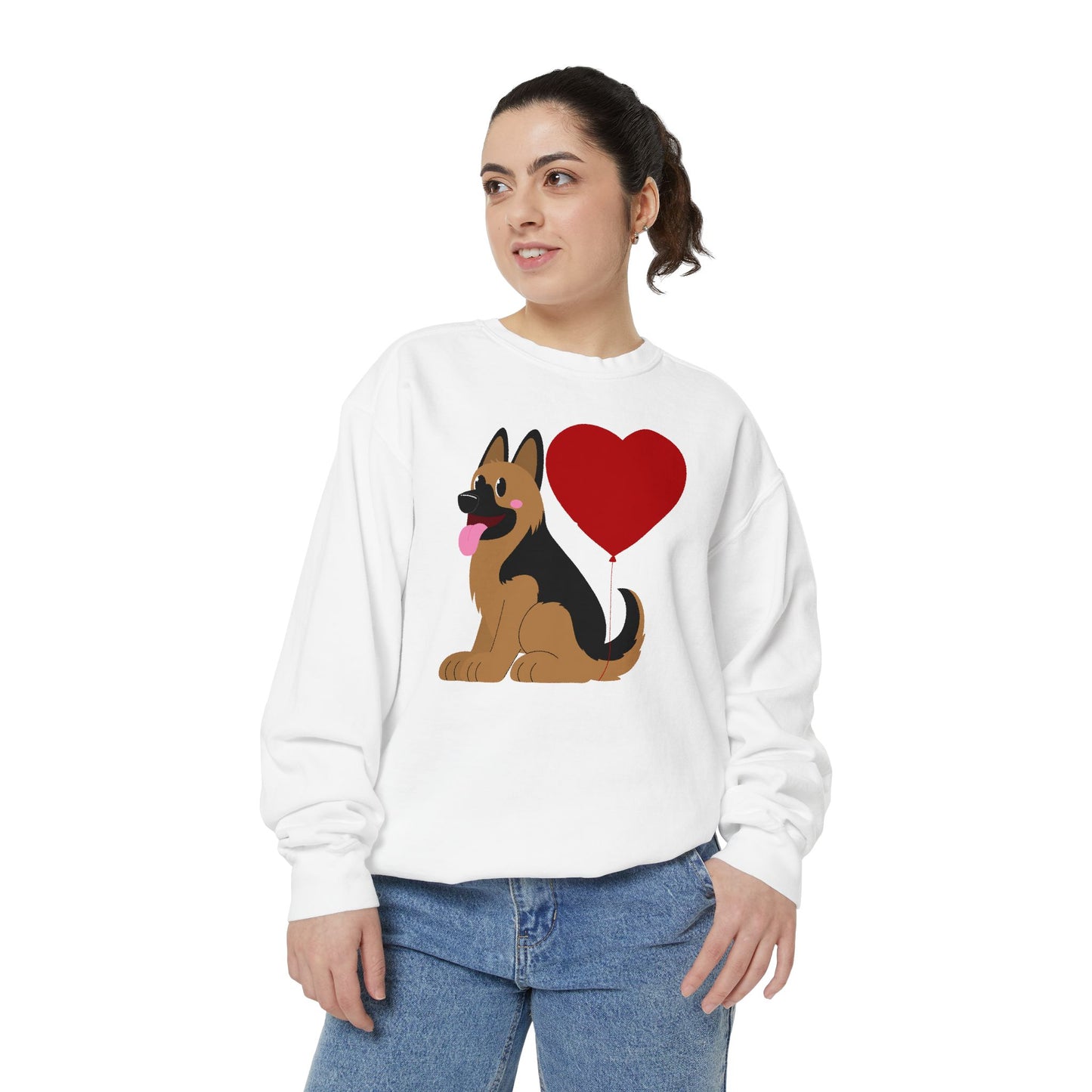 Unisex Dog Lover Sweatshirt With a Graphic of German Shepherd Puppy and Heart Shaped Balloon Attached With Tail