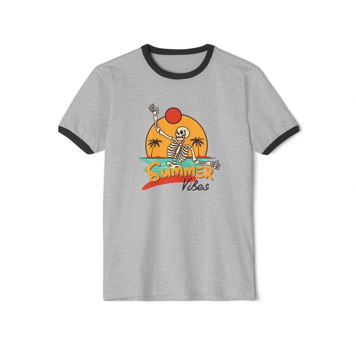 Retro Summer Ringer T-Shirt, Vintage Beach Tee, Skeleton Graphic Shirt, Unisex Casual Wear, Perfect for Summer Vibes