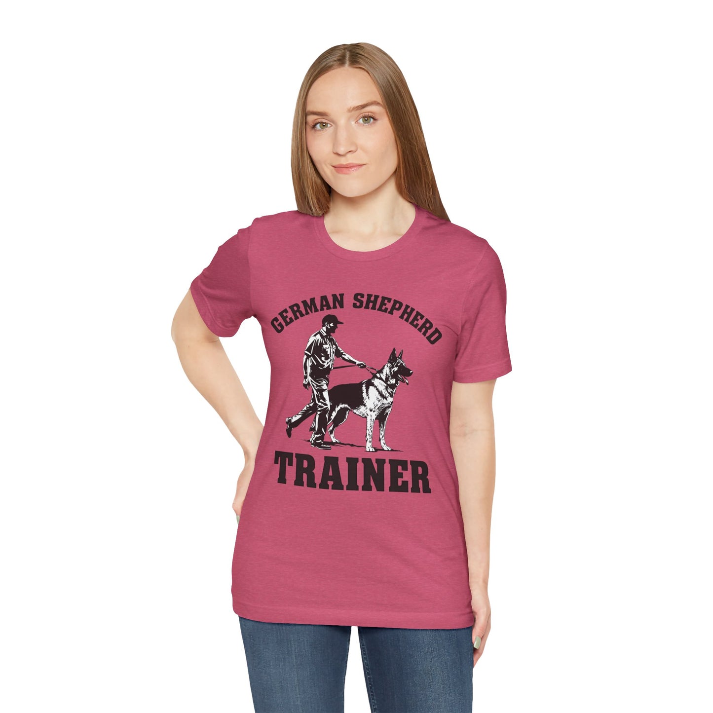 German Shepherd Trainer Tee - Black and White Design of Man Holding a German Shepherd