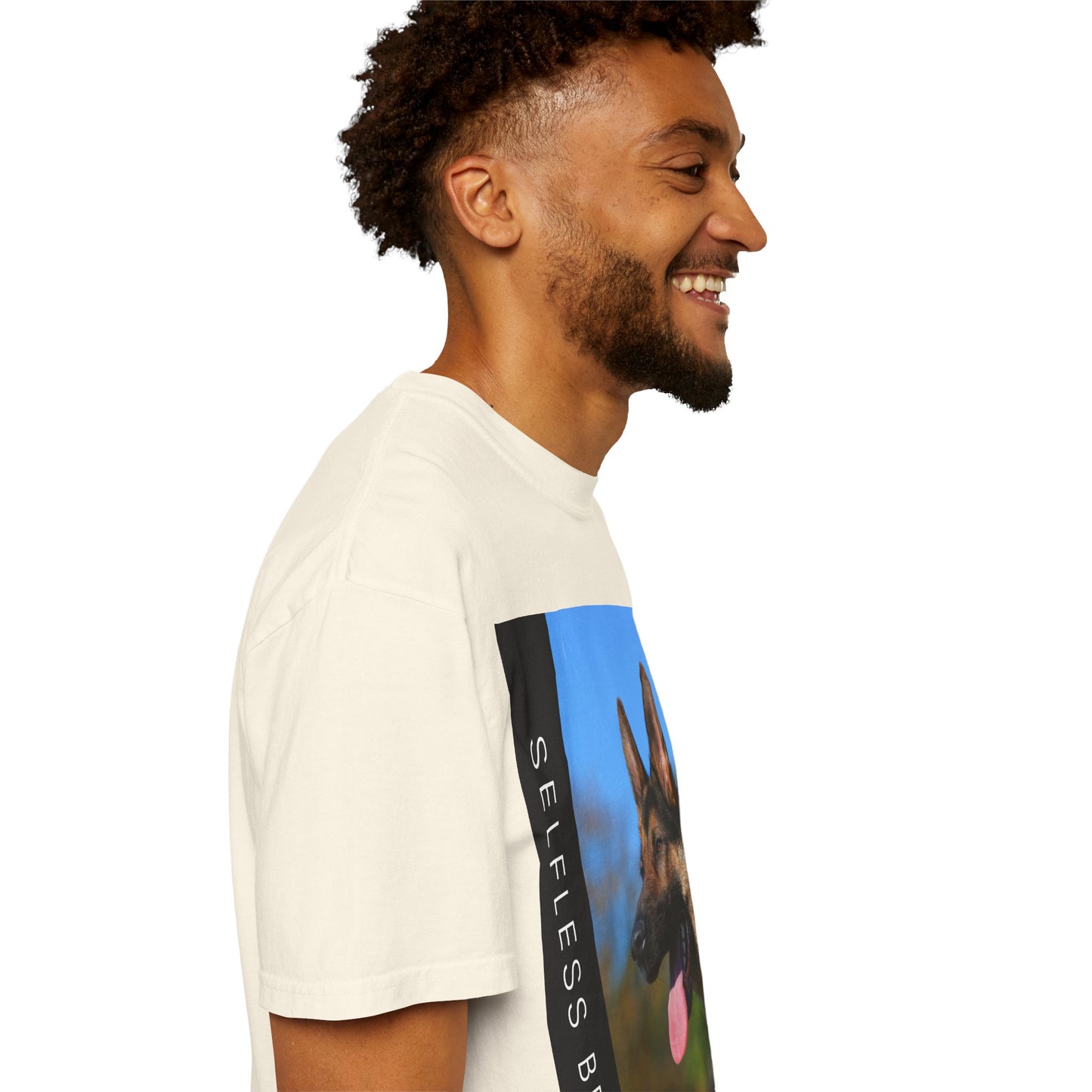 Unisex Dog Lover T-Shirt With a Portrait of a German Shepherd Over Nature Background and Caption Selfless Beings