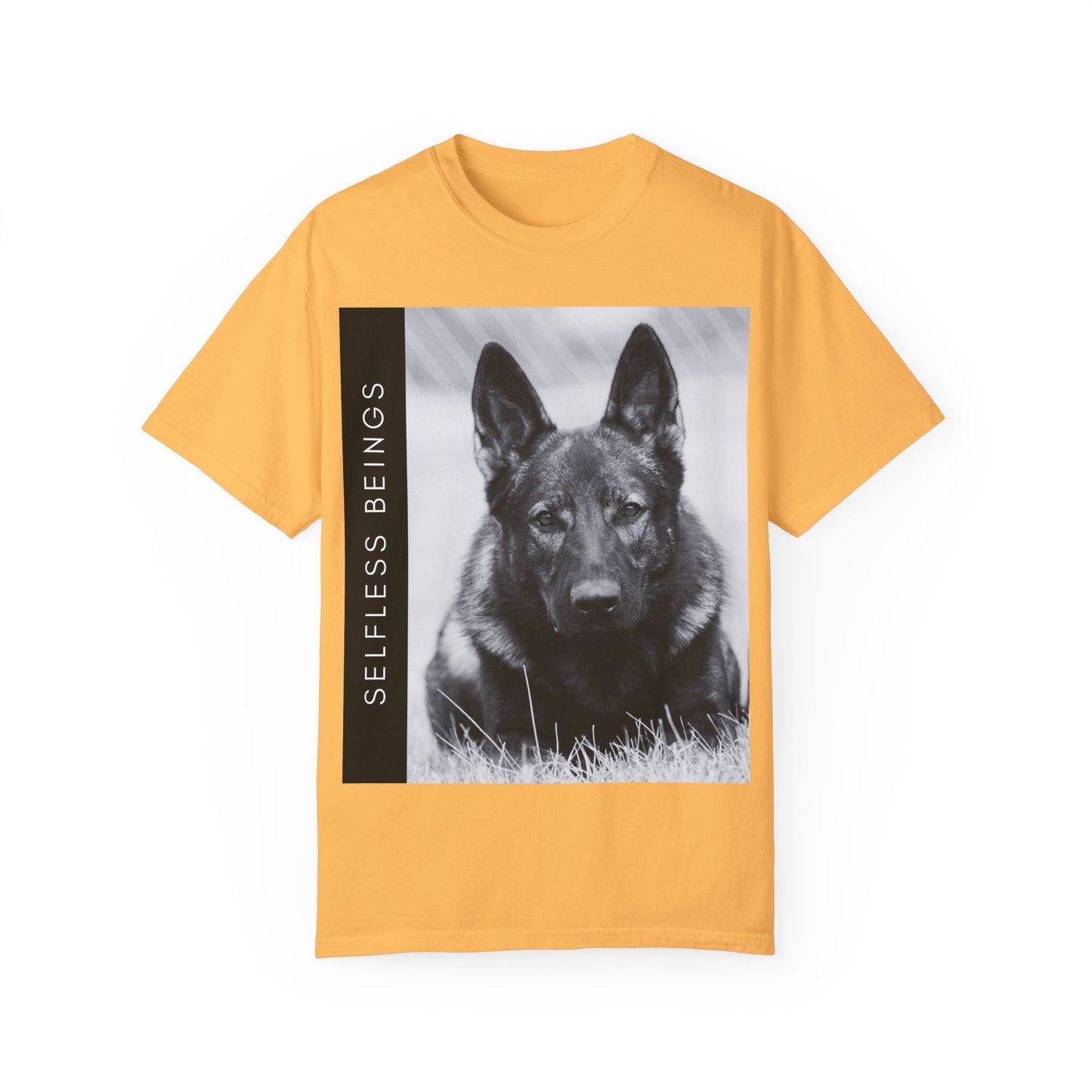Unisex Dog Lover T-Shirt With a Working Line German Shepherd Resting on the Grass and Caption Selfless Beings