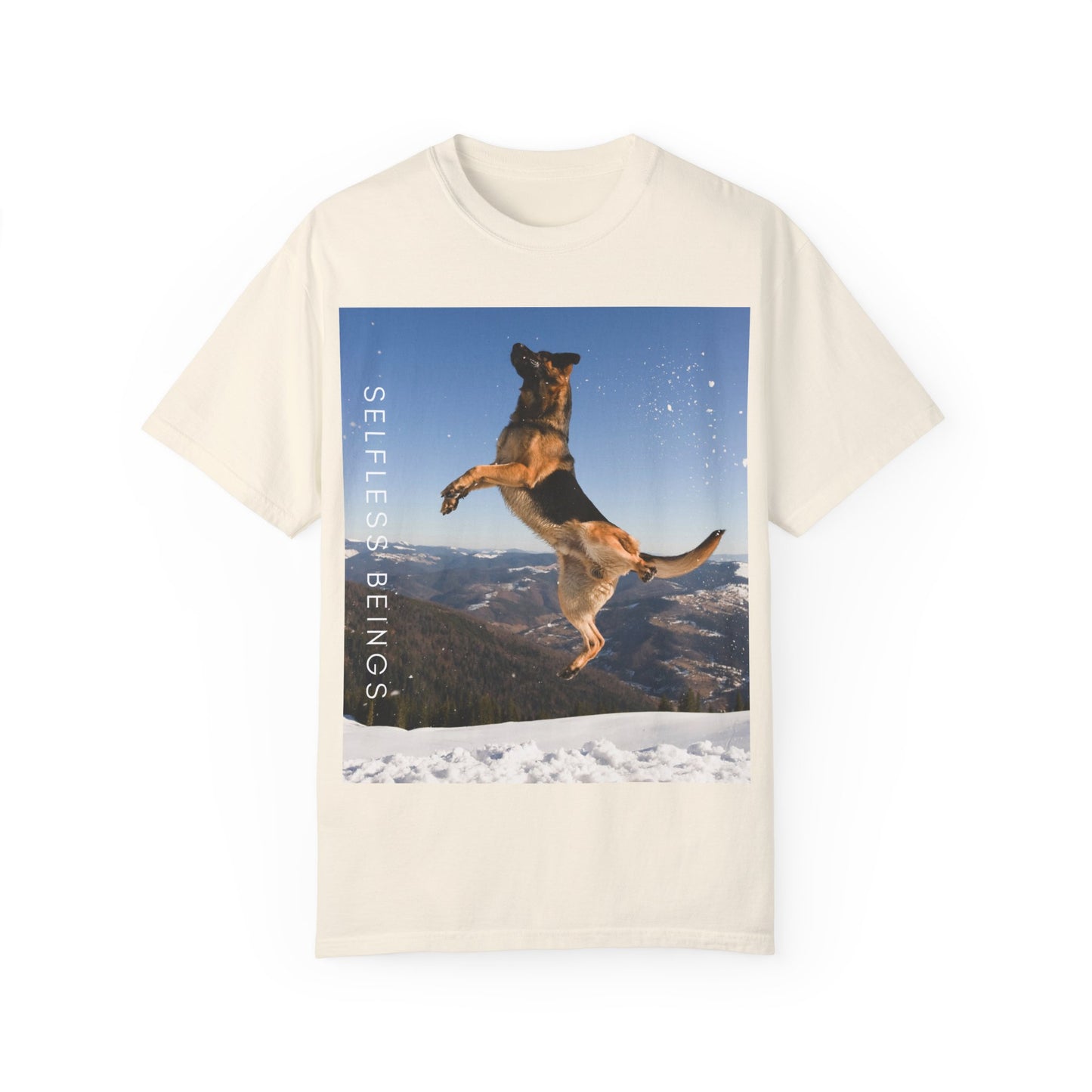 Unisex Dog Lover T-Shirt With a German Shepherd in the Air on Top of Snow Mountain and Caption Selfless Beings