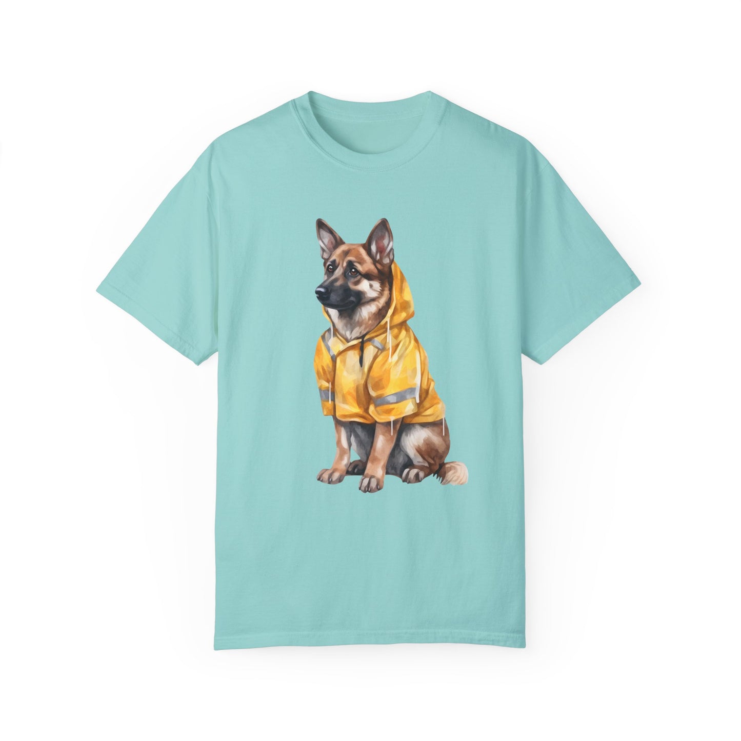 Unisex Dog Lover T-Shirt With a Graphic of German Shepherd Wearing a Yellow Rain Coat