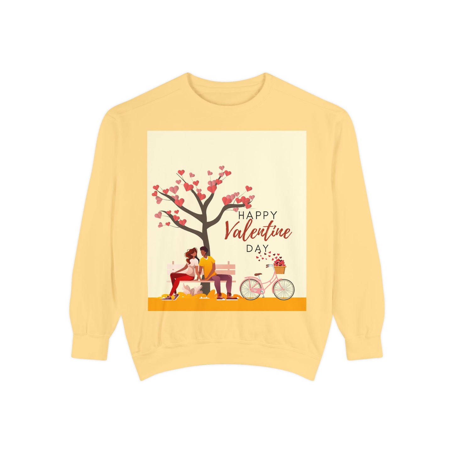 Unisex Valentine's Day Sweatshirt With Art Showing Couple Sitting on a Bench Under the Tree and Caption Happy Valentine's Day