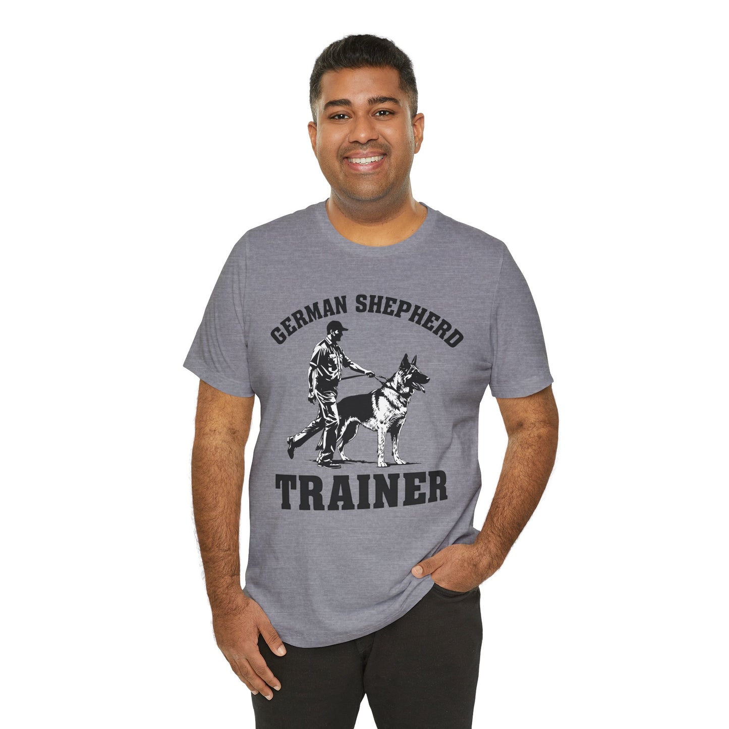 German Shepherd Trainer Tee - Black and White Design of Man Holding a German Shepherd