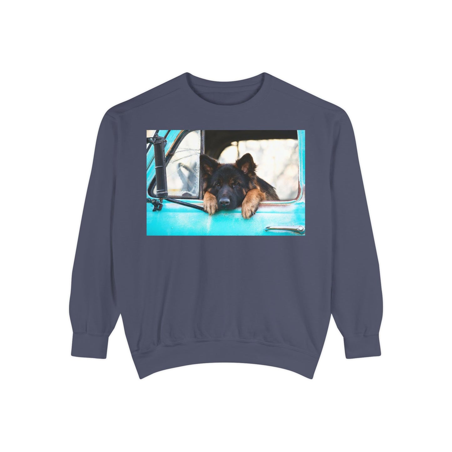 Unisex Dog Lover Sweatshirt With a German Shepherd Puppy Putting His Head and Front Legs On The Truck Seat's Window
