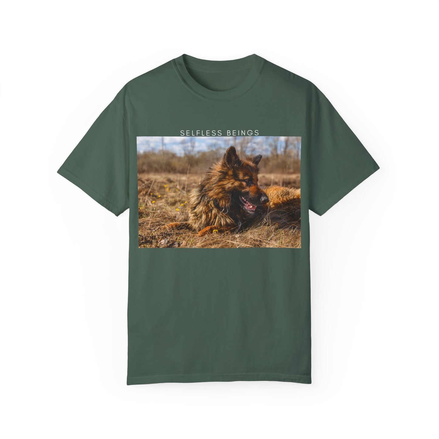 Unisex Dog Lover T-Shirt With a German Shepherd Lying on the Dry Grass in Spring and Caption Selfless Beings