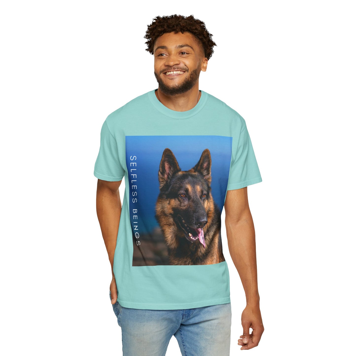 Unisex Dog Lover T-Shirt With Close Up of German Shepherd, Blue Sea in the Background and Caption Selfless Beings