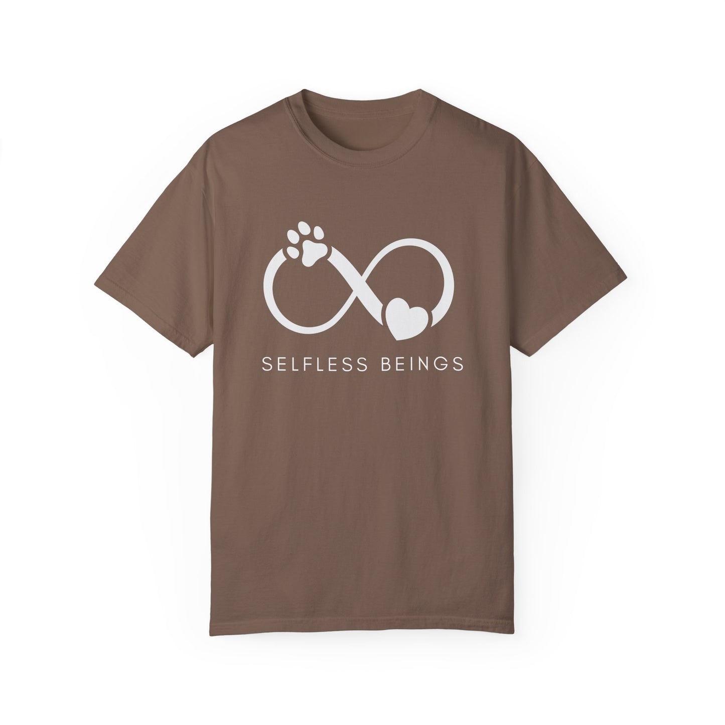 Unisex Dog Lover T-Shirt With Paw Print and Heart on Infinity Symbol and Caption Selfless Beings Below