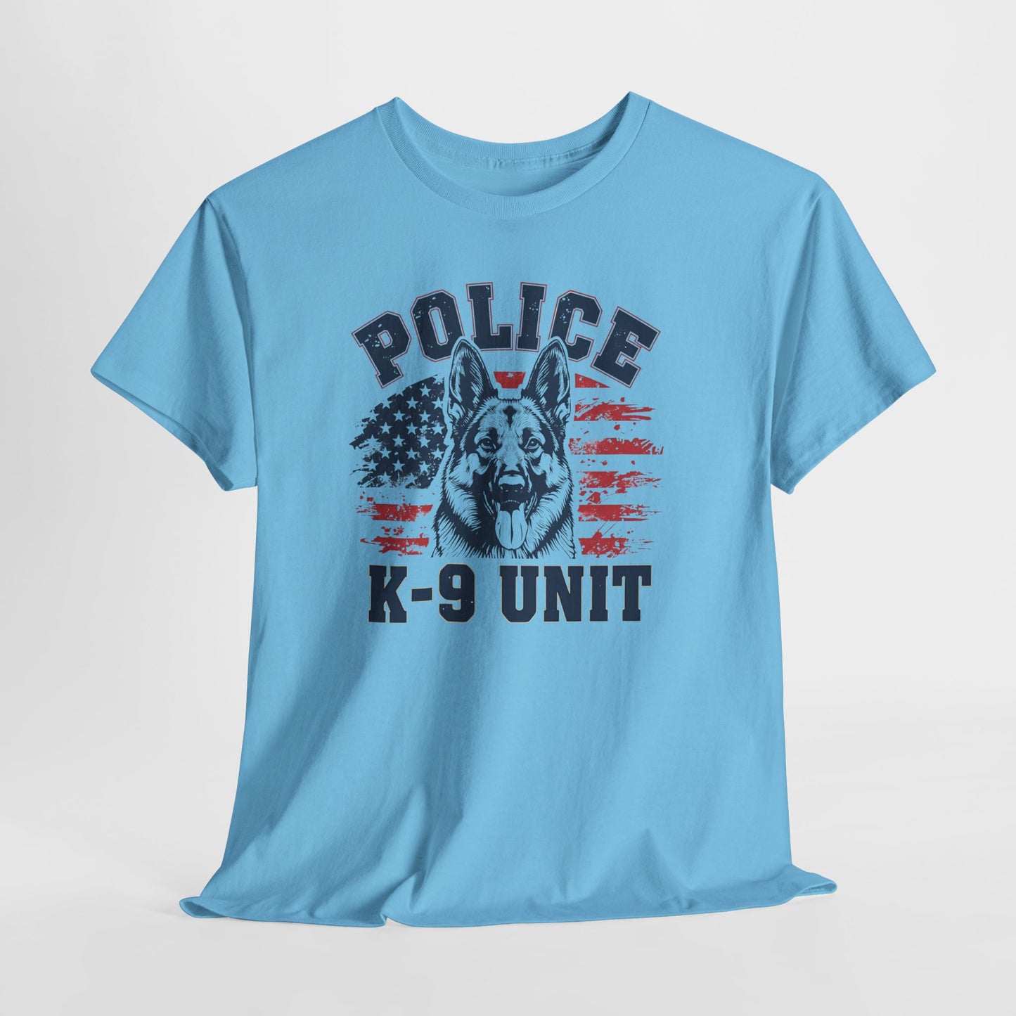 Patriotic Police K-9 Unit T-Shirt With American Flag in Background, Unisex Heavy Cotton Tee