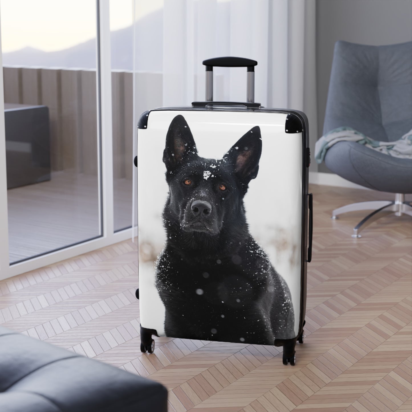 Dog Lover Suitcase Featuring a Giant Black Working Line German Shepherd In the Snow