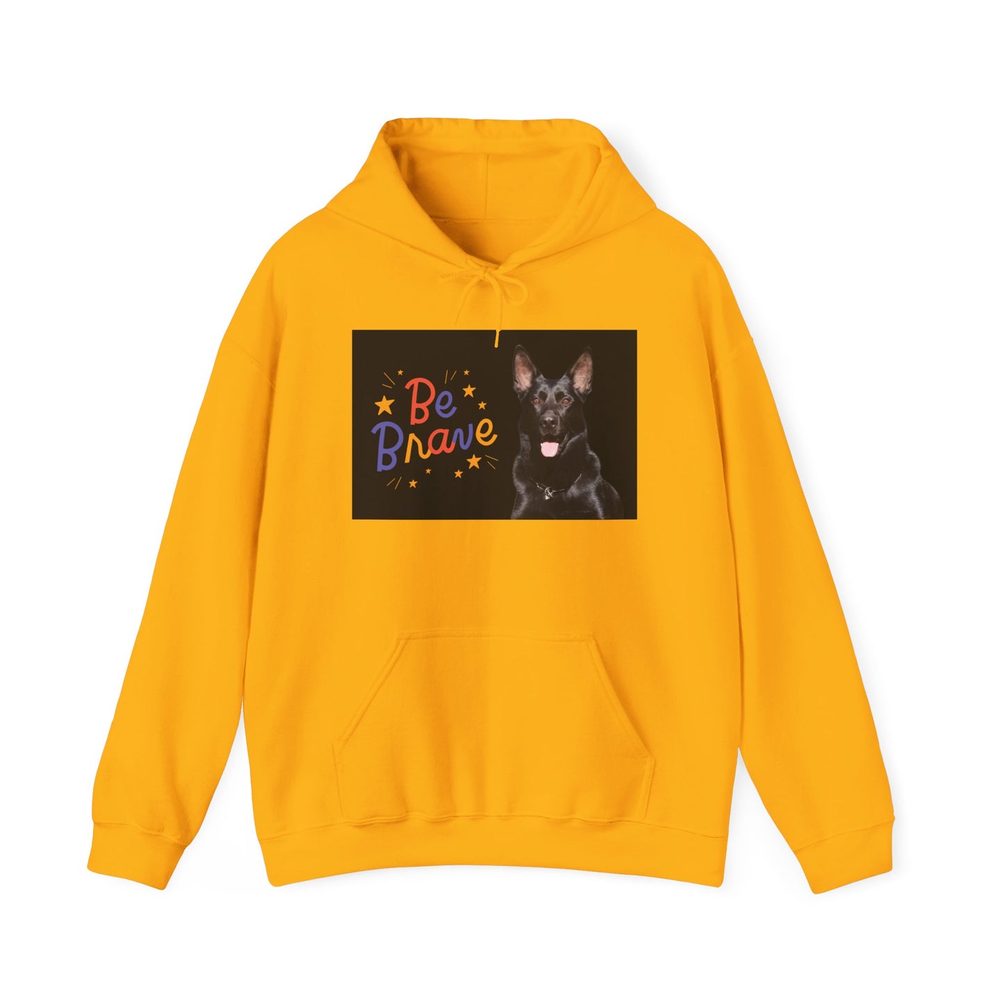 A Unisex Dog Lover Hoodie With Close Up of Solid Black German Shepherd and Caption Be Brave