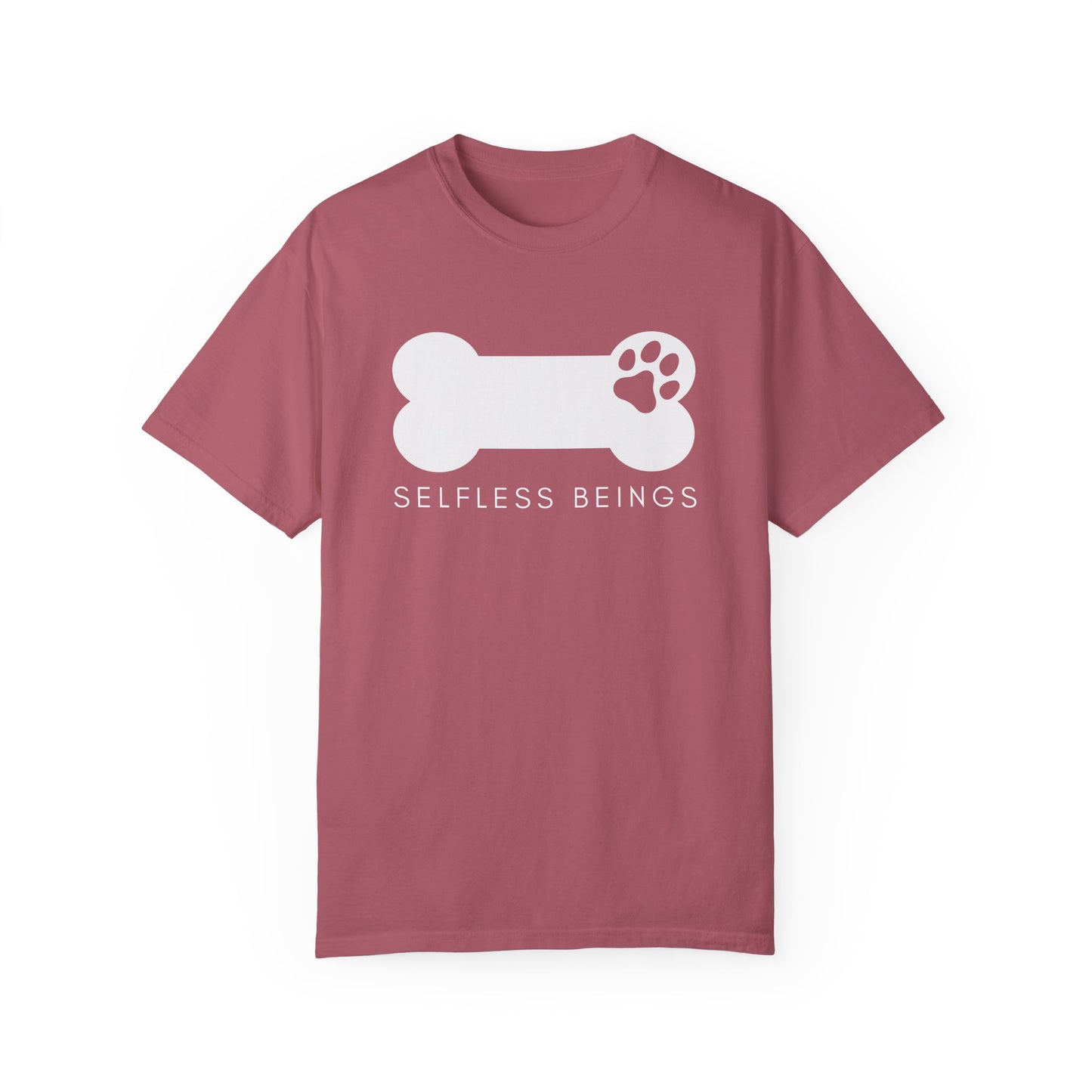Unisex Dog Lover T-Shirt With Dog's Paw Print Inside a Bone and Caption Selfless Beings