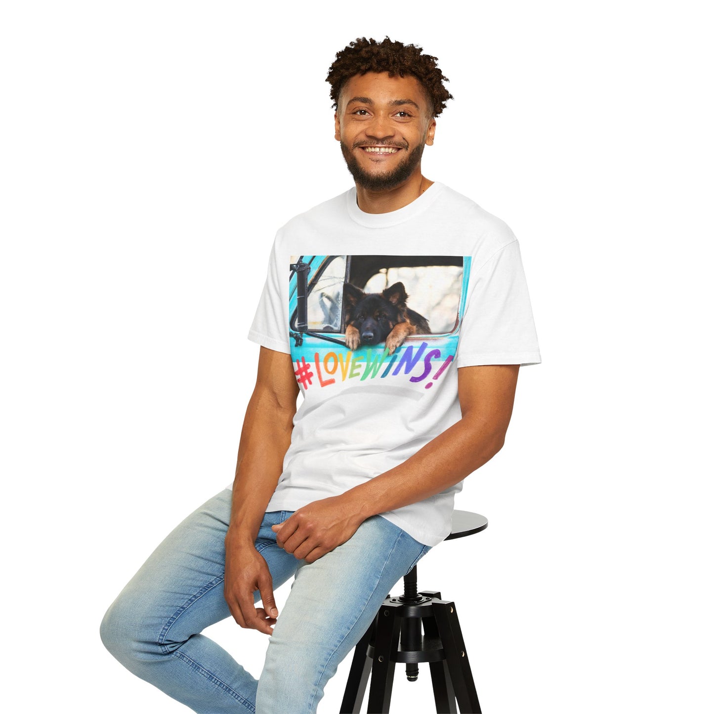 Unisex T-Shirt With German Shepherd Puppy Putting His Head and Front Legs On The Truck Seat's Window and Caption Love Wins