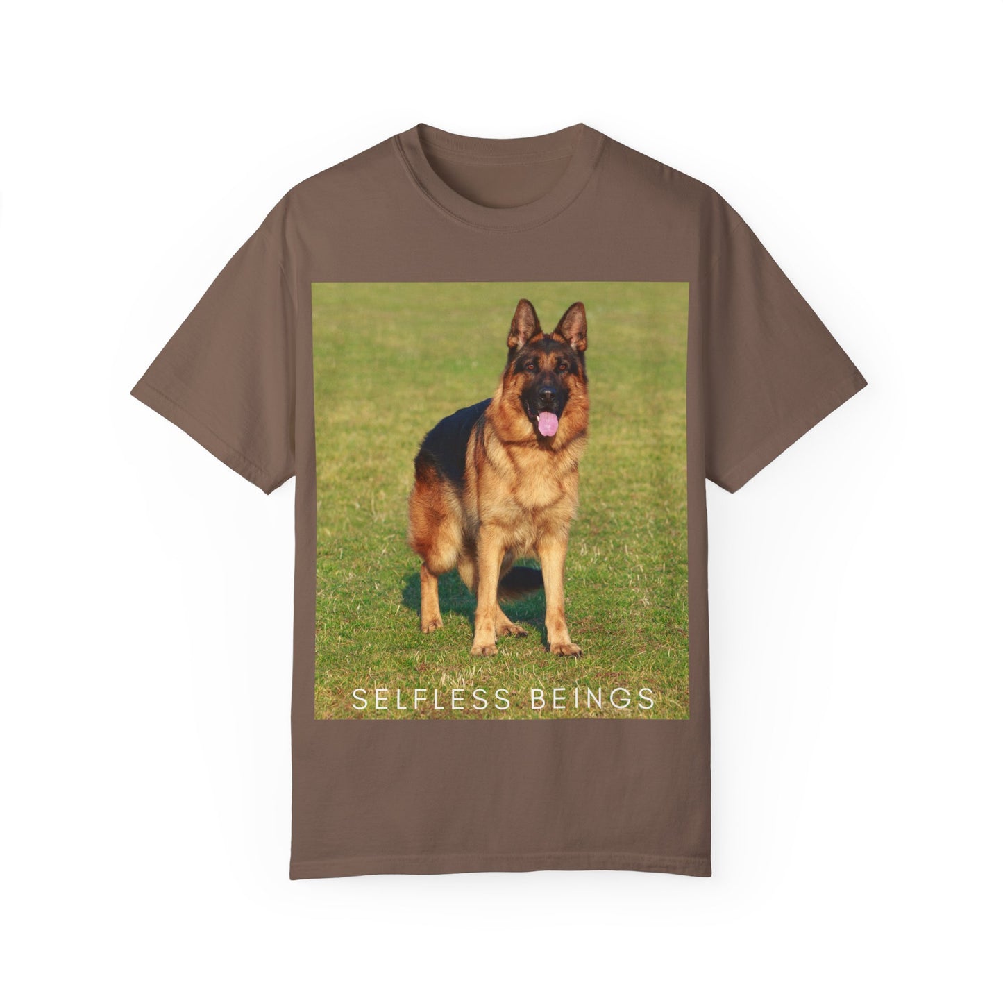 Unisex Dog Lover T-shirt With a German Shepherd on the Sports Grass Field and Caption Selfless Beings