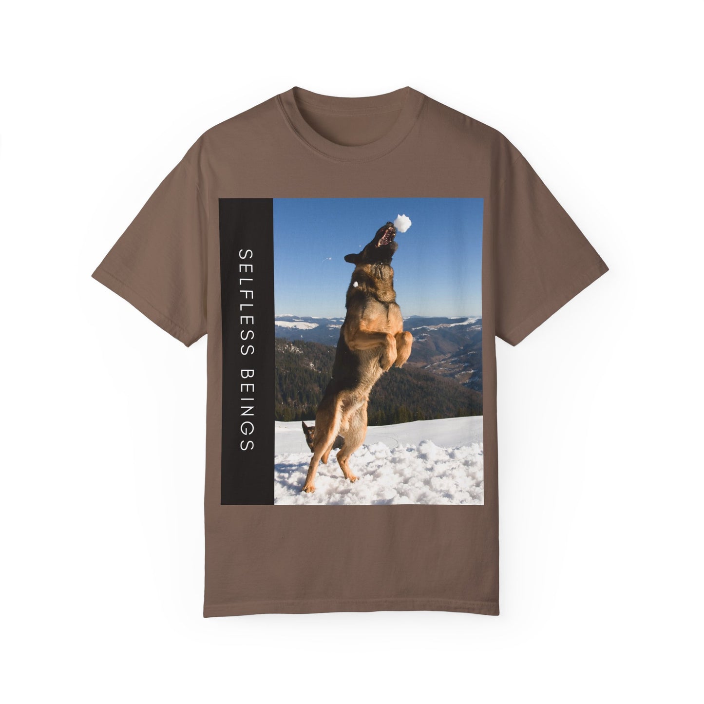 Unisex Dog Lover T-Shirt With a German Shepherd Jumps Upward to Catch a Small Snowball With Mouth and Caption Selfless Beings