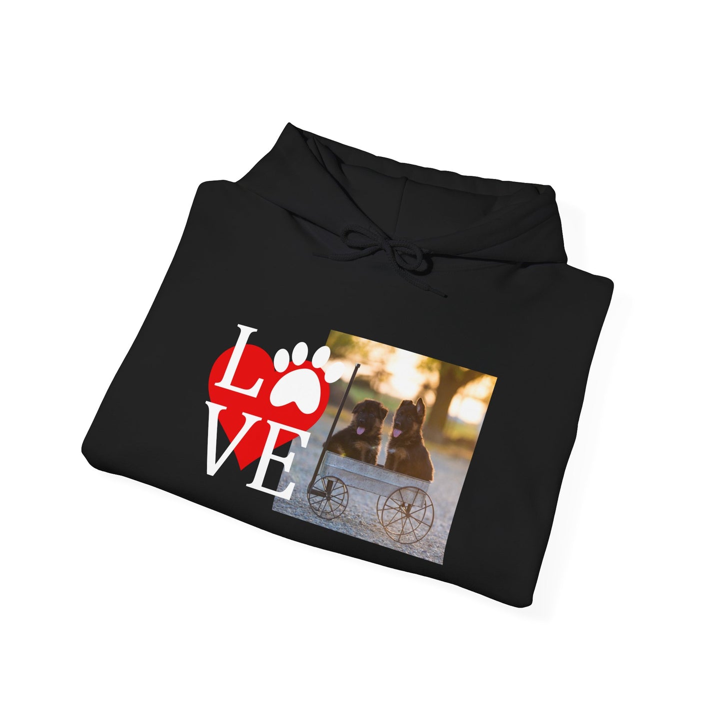 Unisex Dog Lover Hoodie With Two Cute German Shepherd Puppies Sitting on a Cart and Caption Love On Top of Red Heart