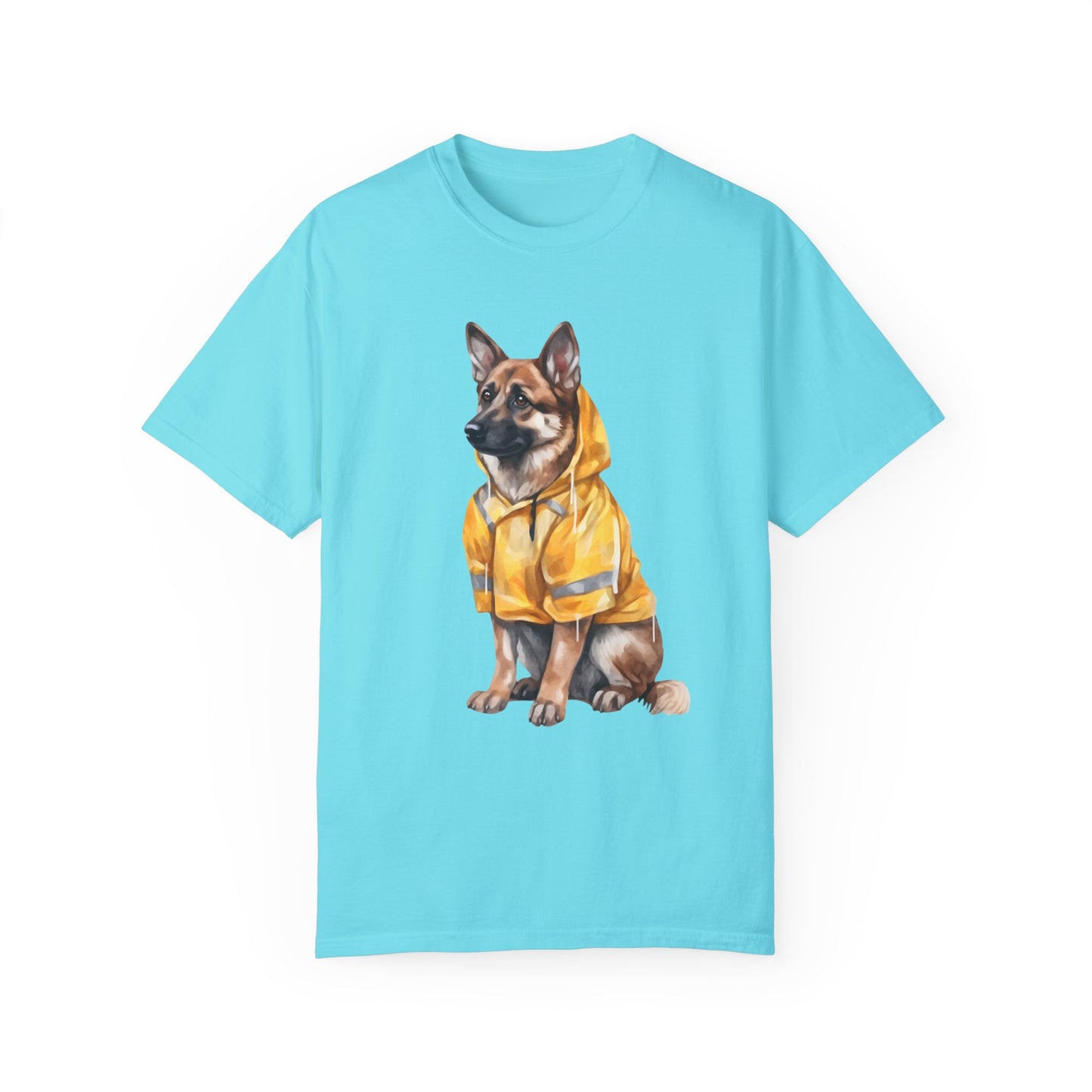 Unisex Dog Lover T-Shirt With a Graphic of German Shepherd Wearing a Yellow Rain Coat