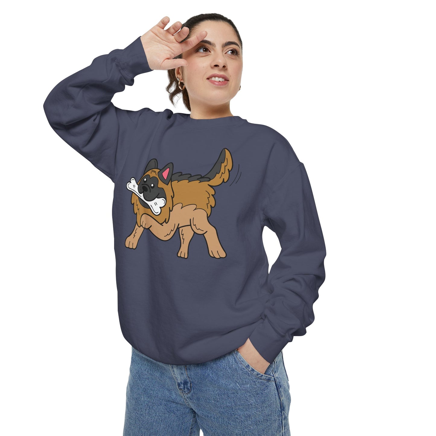 Unisex Dog Lover Sweatshirt With a Graphic of a German Shepherd Holding a White Bone in Mouth