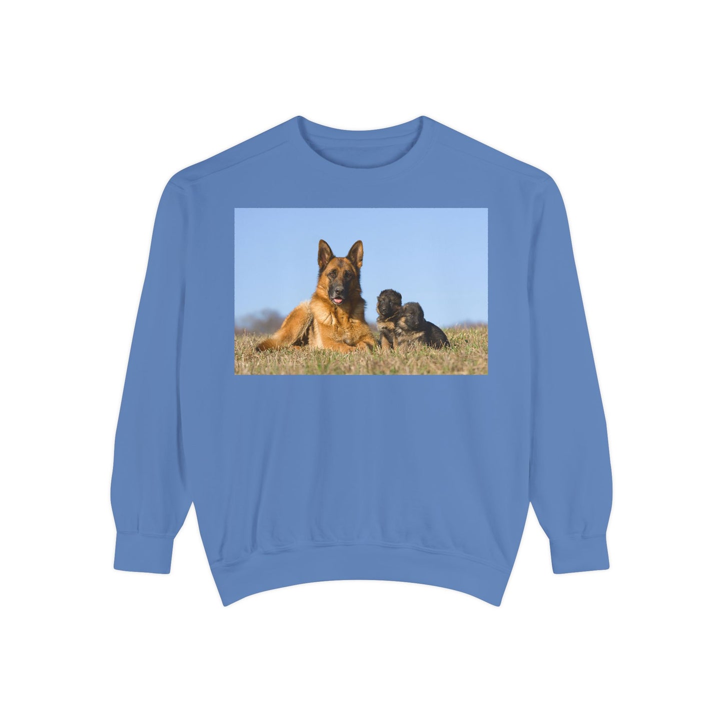 Unisex Dog Lover Sweatshirt With a German Shepherd Lying on the Grass With Two Puppies