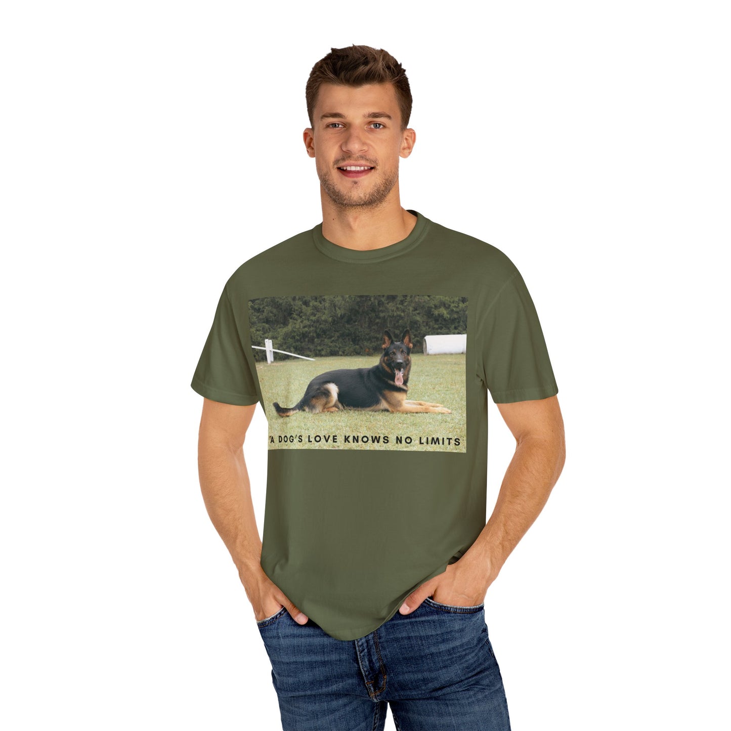 Unisex Dog Lover T-Shirt With a Giant German Shepherd Resting On the Grass Leaving Tongue Out and Text A Dog's Love Knows