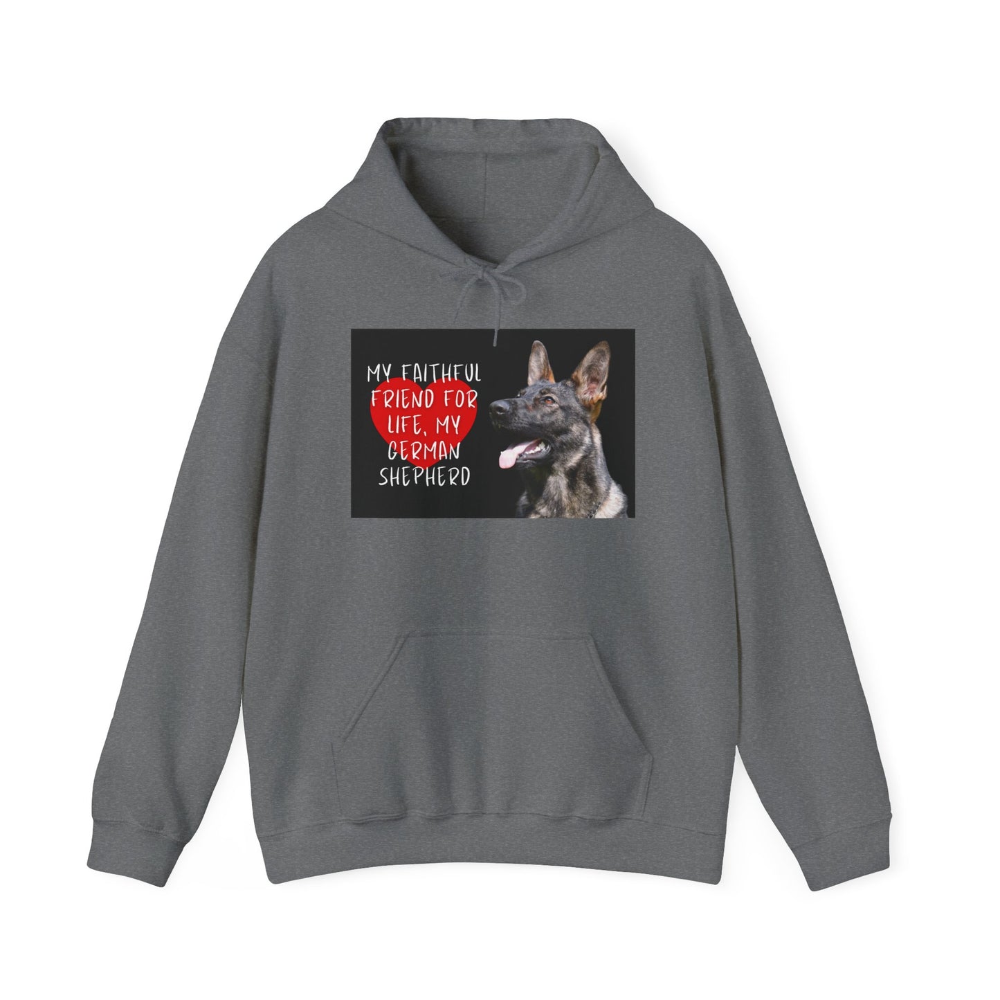 Unisex Dog Lover Hoodie With a Working Line German Shepherd and Caption Faithful Friend on Top of Red Heart
