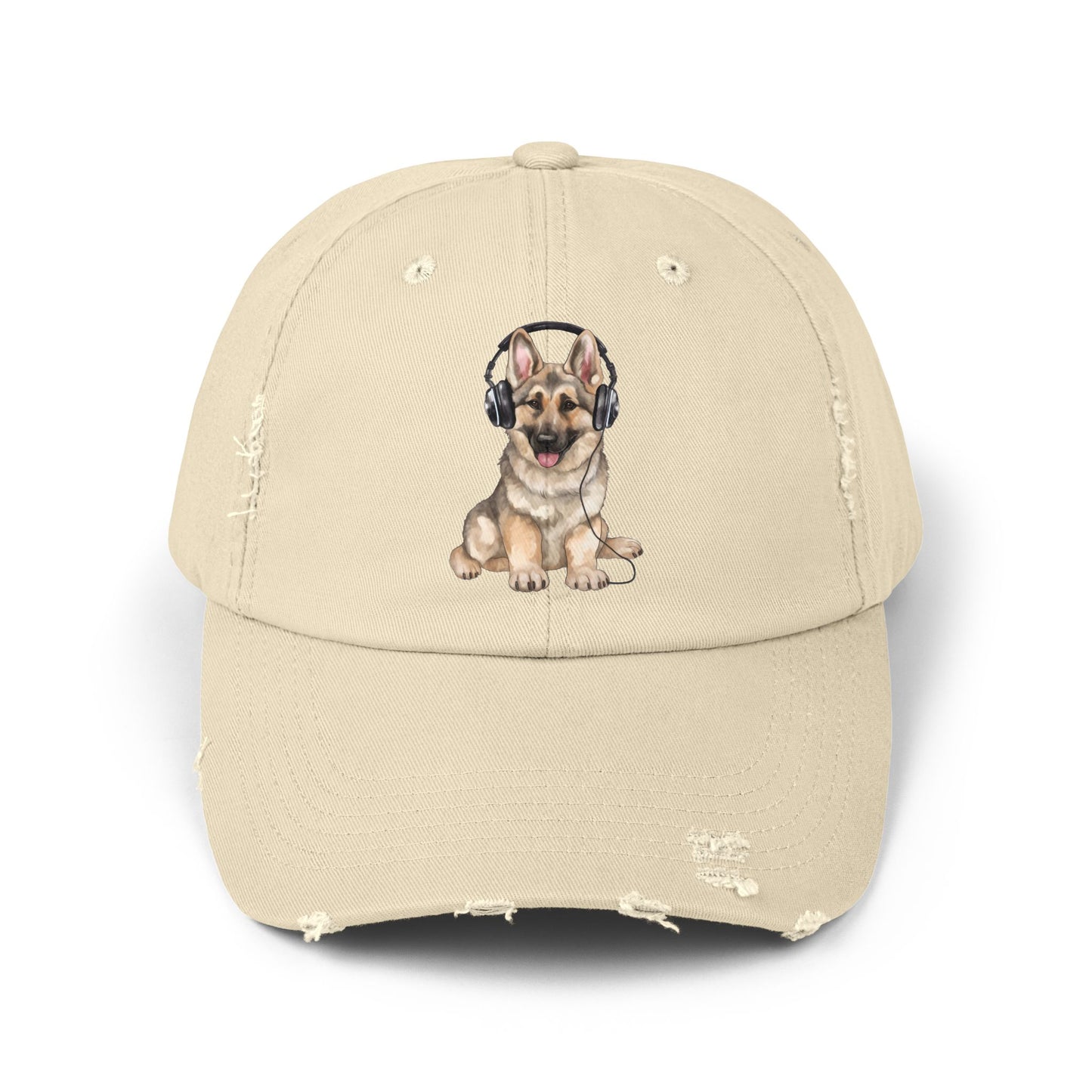 Distressed Dog Cap with German Shepherd Wearing Headphones | Pet Lover Gift | Adjustable Cap