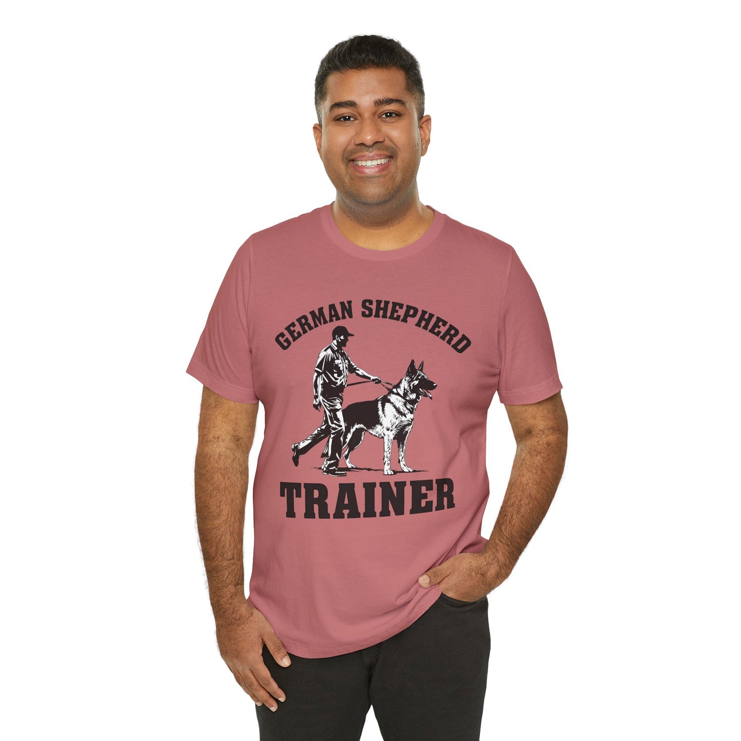 German Shepherd Trainer Tee - Black and White Design of Man Holding a German Shepherd