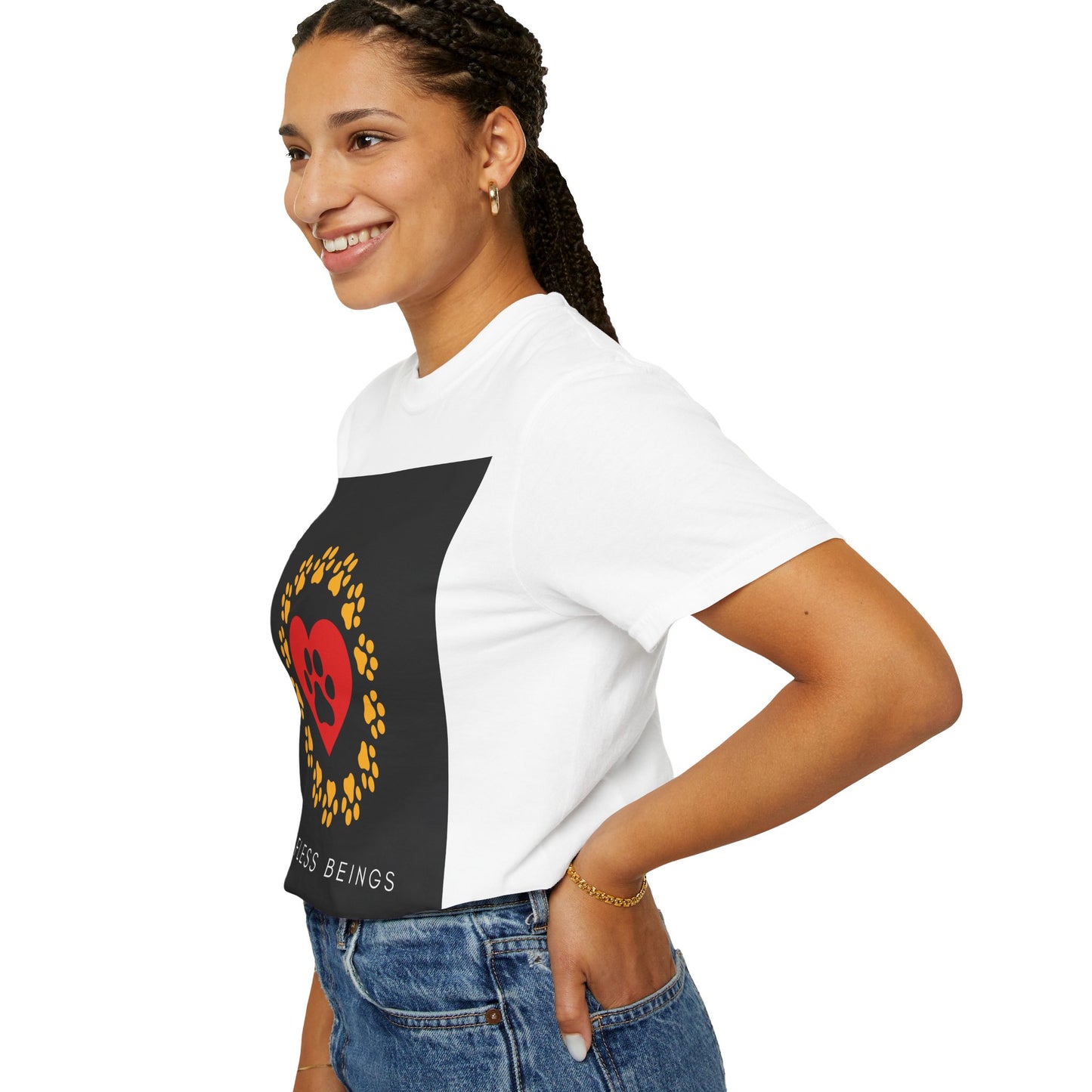 Unisex Dog Lover T-Shirt With Graphic of Yellow Paw Prints In Circle Contain Red Heart Which Contains Black Dog Paw Print Inside and Caption Selfless Beings