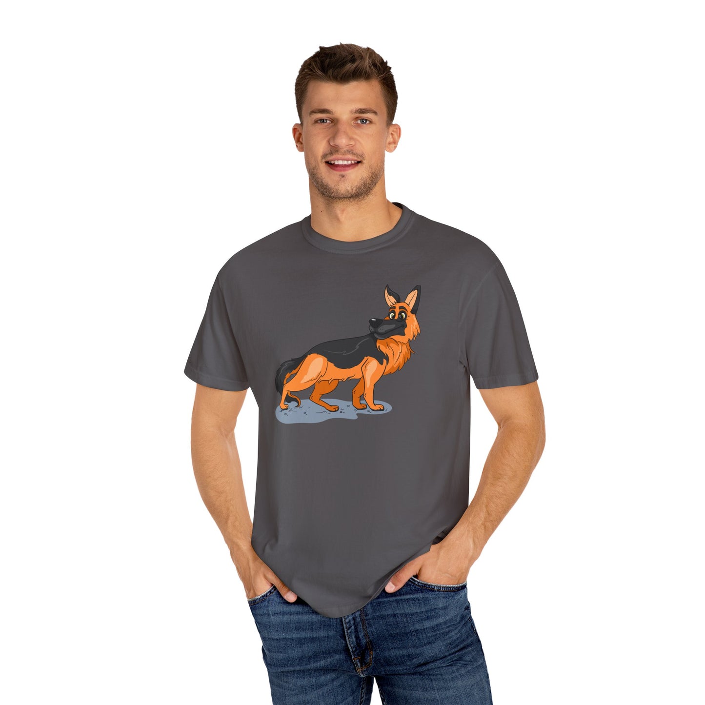 Unisex Dog Lover T-Shirt With a Cartoon of Astonished German Shepherd Turning His Head
