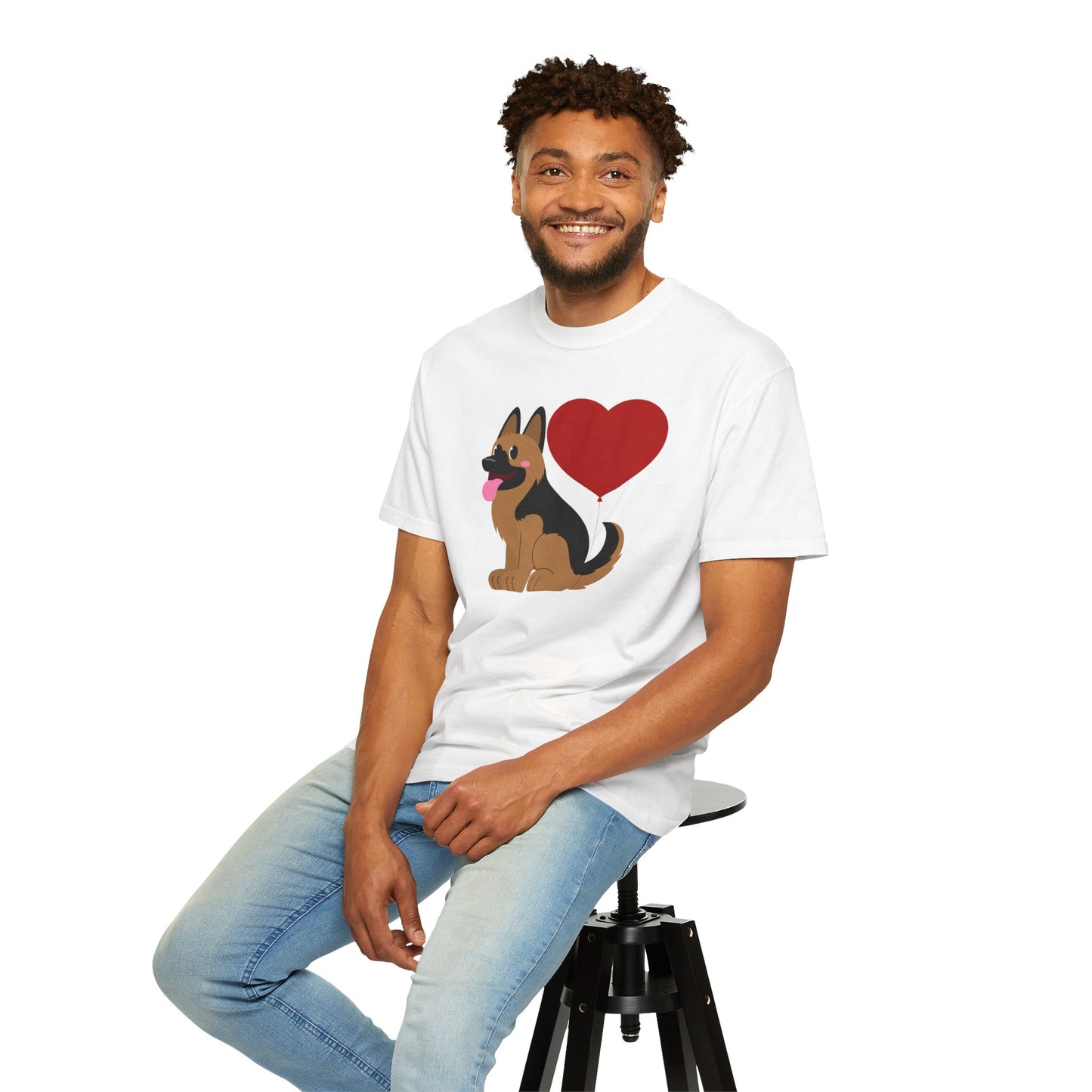 Unisex Dog Lover T-Shirt With a Graphic of German Shepherd Puppy and Heart Shaped Balloon Attached With Tail