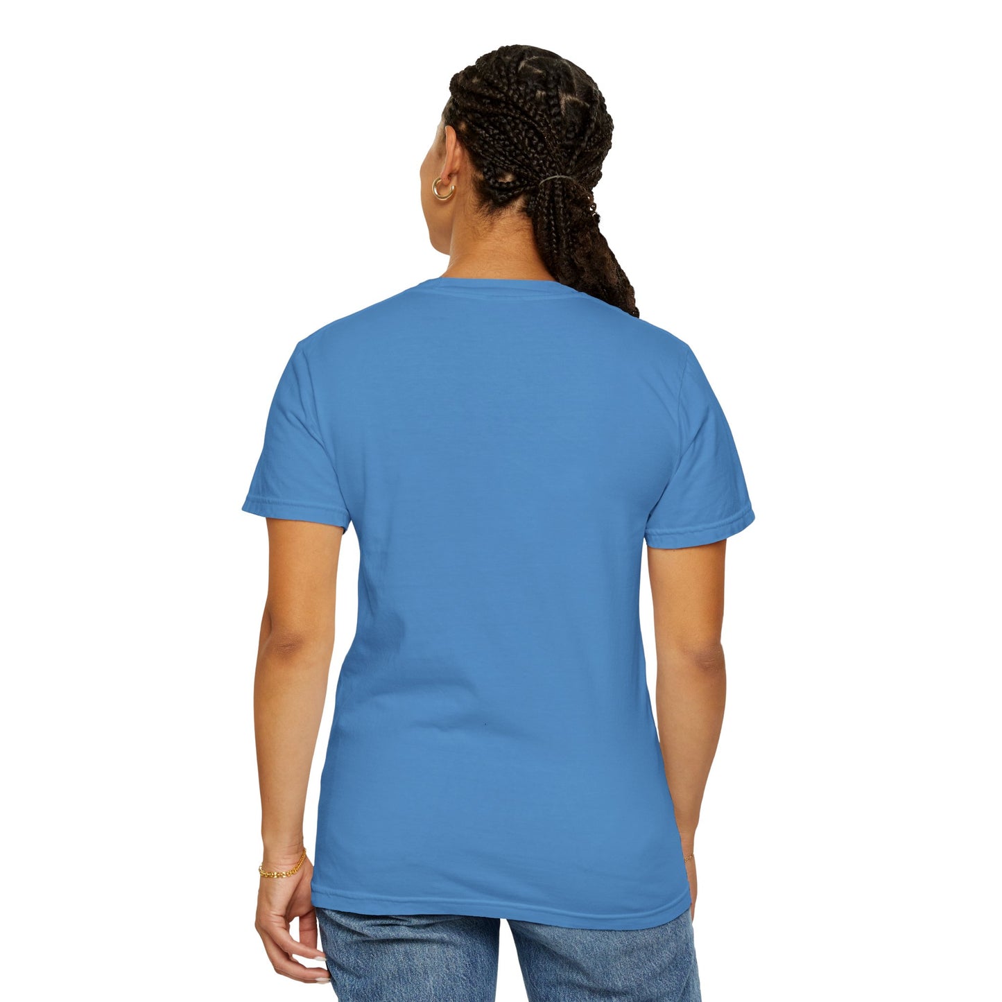 Unisex Dog Lover T-Shirt With Close Up of German Shepherd, Blue Sky in Background and Caption Selfless Beings