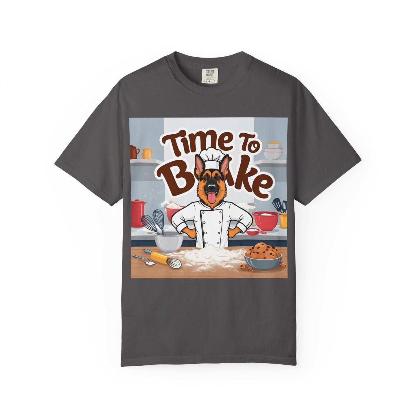 Unisex Dog Lover T-Shirt With Graphic of German Shepherd Wearing Chef Suit and Caption Time To Bake