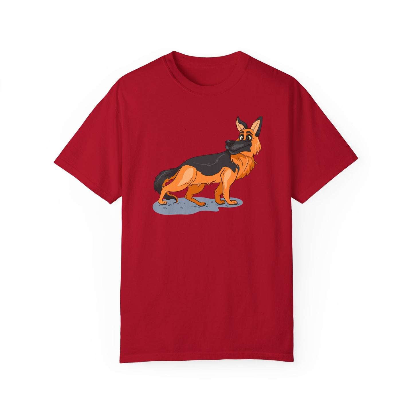 Unisex Dog Lover T-Shirt With a Cartoon of Astonished German Shepherd Turning His Head