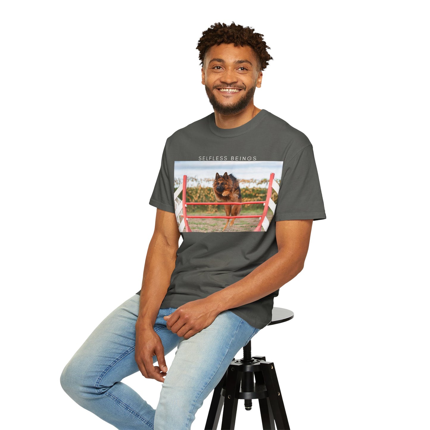 Unisex Dog Lover T-Shirt With a German Shepherd Jumping an Agility Fence Outdoor and Caption Selfless Beings